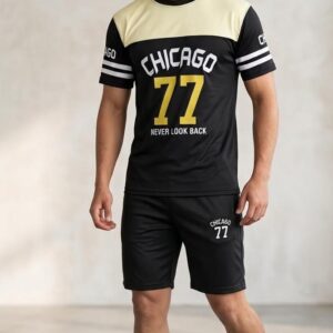 Men wearing black and cream Chicago 77 t-shirt and shorts co-ord tracksuit