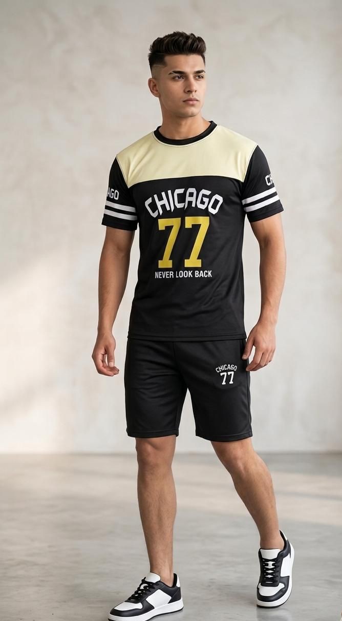 Men wearing black and cream Chicago 77 t-shirt and shorts co-ord tracksuit