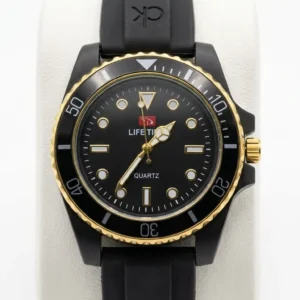Lifetime Quartz Men's Black Diver-Style Watch with Silicone Strap and Gold Accents