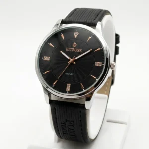 EITROSS Men's Luxury Quartz Watch – Black Textured Dial with Rose Gold Accent Markers, Silver Stainless Steel Case, and Textured Black Leather Strap