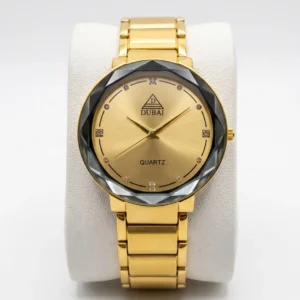 DUBAI Luxury Men's Quartz Watch – Gold Sunray Dial with Faceted Crystal Bezel & Metallic Link Bracelet