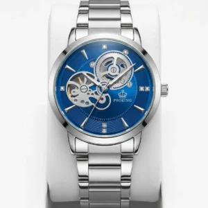 PROKING Men's Luxury Automatic Skeleton Watch with Royal Blue Dial & Silver Stainless Steel Chain