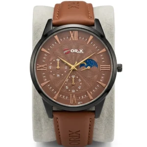 ORIX Classic Men's Watch – Brown Guilloché Dial with Moonphase & Tan Leather Strap