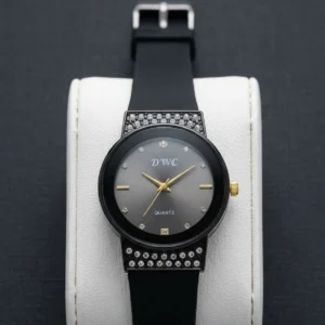 DWC Elegant Women's Watch – Sunray Grey Dial with Crystal-Studded Black Lugs & Matte Black Strap