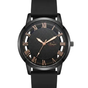 Rnager Men's Luxury Quartz Watch with Black Textured Roman Dial & Silicone Strap