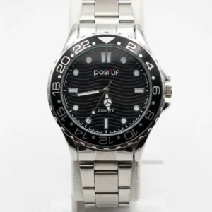 Positif Men's Luxury Quartz Watch with Black Wave Dial & Stainless Steel Chain