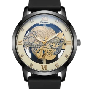 Runger Mechanical Skeleton Watch for Men – Black Leather/Silicone Strap & Gold Gears
