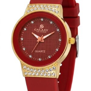 GALAXY Collection Luxury Women's Watch – Red Textured Dial with Crystal-Studded Gold Lugs & Silicone Strap