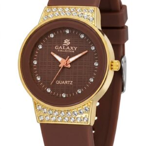 GALAXY Collection Luxury Women's Watch – Coffee Brown Textured Dial with Crystal-Studded Gold Lugs & Silicone Strap