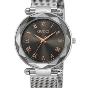 GUCCI Elegant Women's Watch – Dark Grey Sunray Dial with Faceted Crystal Bezel & Silver Mesh Strap